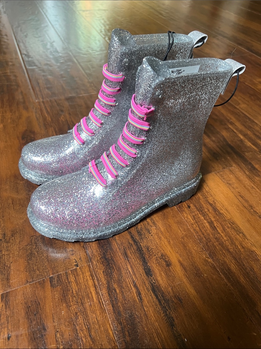 NWT Western Chief Glitter Combat Rain Boots with Hot Pink No Tie Laces Size 1 - Picture 2 of 10